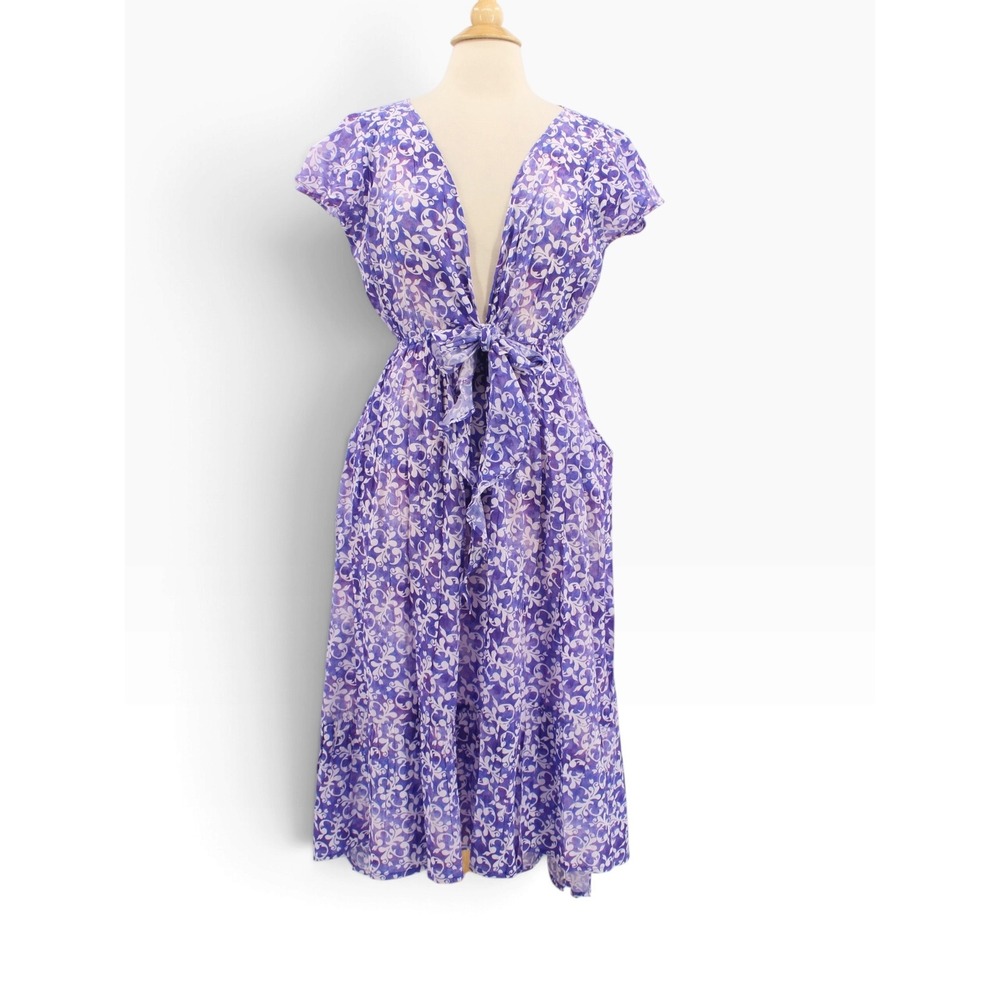 Tiare Hawaii Naturals Dress Midi Purple White V-Neck Tie Front S/M NEW